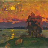 Gemälde „Herbstsonnenuntergang über dem See“, Karton, Ölfarbe, Impressionismus, Landschaftsmalerei, Russland, 1985 - Foto 1