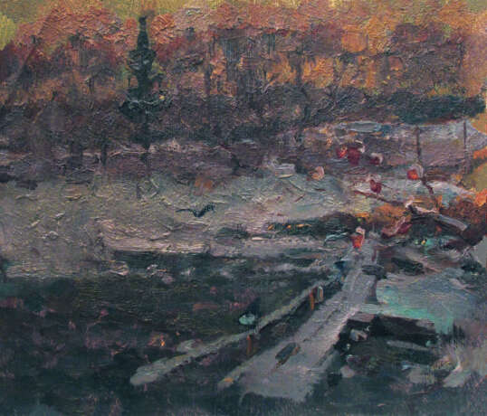 Gemälde „Bach im Winterwald“, Karton, Ölfarbe, Impressionismus, Landschaftsmalerei, Russland, 1982 - Foto 1