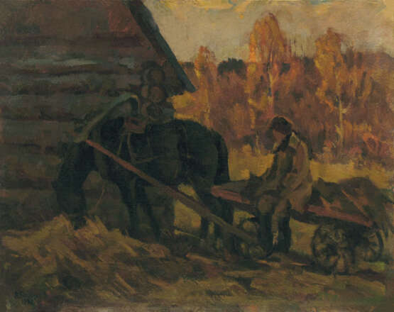Gemälde „Herbst im Dorf“, Karton, Ölfarbe, Impressionismus, Landschaftsmalerei, Russland, 1992 - Foto 1