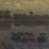 "Три лодки на вечерней реке" Canvas Oil paint Impressionism Landscape painting Russia 1981 - photo 1