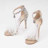 Jimmy Choo. Paar Highheels Sandalen Viola 100 mit Federschmuck und Strass-Besatz - Foto 1