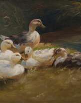 Fünf Enten am Ufer
