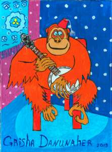 Оранжевый орангутанг с серебряной банджо и улыбкой Джоконды.