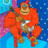 Оранжевый орангутанг с серебряной банджо и улыбкой Джоконды. Холст Акрил на картоне Наивное искусство Германия 2019 г. - фото 1