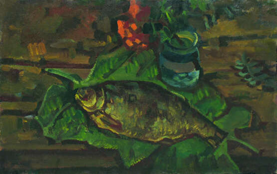 Painting “Still life with fish on leaves”, Canvas, Oil paint, Impressionism, Still life, Russia, 1981 - photo 1