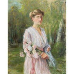 ANDREAE, J. "Junge Frau im Garten mit einem Blumenstrauß"