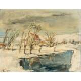 MALER/IN 20. Jahrhundert, "Verschneite Landschaft mit Haus am Weiher", - photo 1