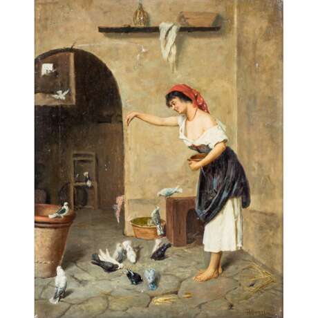 UBOLLI, H. (Maler/in 19. Jahrhundert), "Junge Frau die Tauben fütternd", - Foto 1