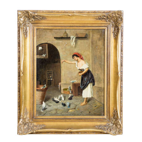 UBOLLI, H. (Maler/in 19. Jahrhundert), "Junge Frau die Tauben fütternd", - Foto 2