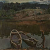 Gemälde „Boote auf dem Abendwasser“, Karton, Ölfarbe, Impressionismus, Landschaftsmalerei, Russland, 1979 - Foto 1