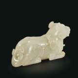 A FINELY CARVED WHITE JADE FIGURE OF A MYTHICAL BEAST - фото 3