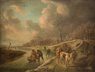 WINTERLANDSCHAFT MIT SCHLITTSCHUHLÄUFERN, BAUERN MIT VIEH UND PFERDEKUTSCHE