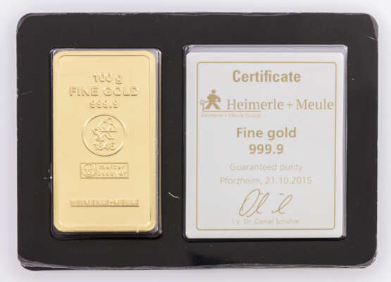 1 - gold bullion 100g gold bars, the manufacturer Heimerle + Meule, - photo 1