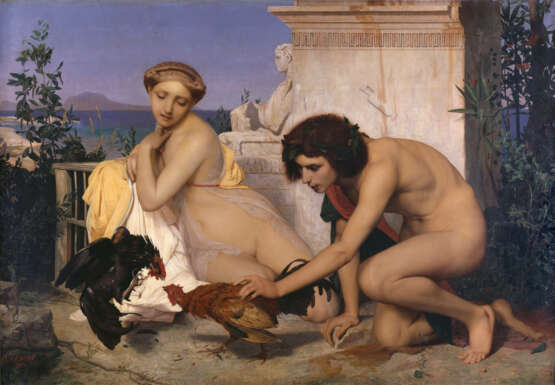«Young Greeks Attending a Cock Fight» Leinwand Ölfarbe Klassizismus Historienmalerei Frankreich 1846 - Foto 1