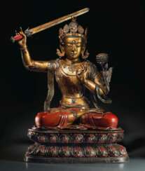 A MAGNIFICENT AND VERY RARE LARGE LACQUERED AND GILT WOOD SEATED FIGURE OF MANJUSHRI