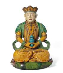 A RARE LARGE OCHRE, GREEN, TURQUOISE AND AUBERGINE-GLAZED SEATED FIGURE OF AMITAYUS