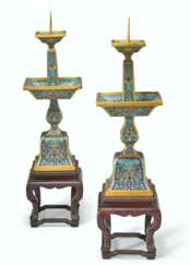 A PAIR OF CLOISONN&#201; ENAMEL CANDLESTICKS