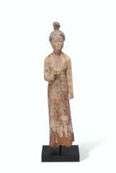 A RARE PAINTED WOOD FIGURE OF A COURT LADY
