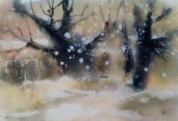 Paysage d'hiver avec des arbres à l'aquarelle