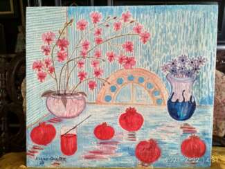 Still life of pomegranates anemones and orchids