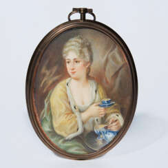 Portrait-Miniatur: Dame mit Teetasse