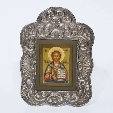 Miniatur-Ikone im Rahmen mit Silber-Oklad: Christus Pantokrator - фото 1