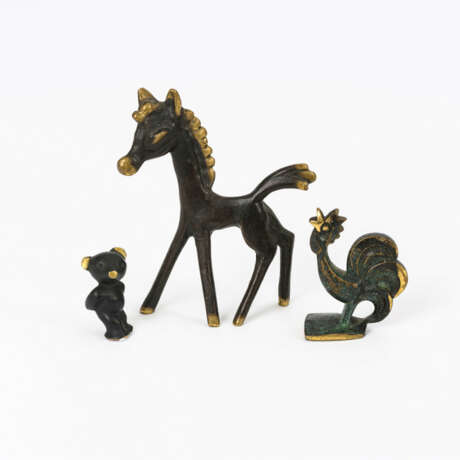 3 kleine Bronze-Tierfiguren: Pferd, Hahn und Bär - Foto 1