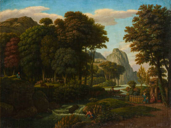 Landschaftsmaler 19. Jahrhundert: Weite Berg- und Waldlandschaft mit Staffage - Foto 1