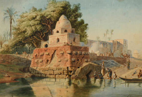 Orientmaler: Tempelanlage am Nilufer mit Staffage - photo 1