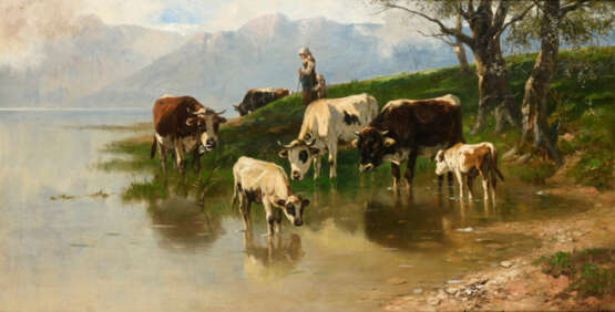 Hirtin mit Kühen am Bergsee - фото 1