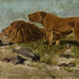 Undeutlich signiert: Löwen in der Savanne - photo 1
