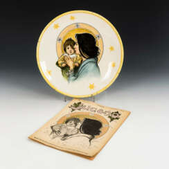 Jugendstil-Teller und Zeitschrift "Jugend" als Entwurfsbeleg