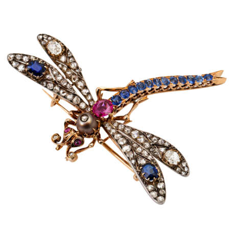 Antike Brosche "Libelle" mit Diamanten zusammen ca. 1,2 ct, - Foto 4