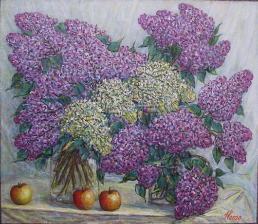 Сирень с яблоками. Масляные краски Реализм Натюрморт Украина 2020 г. - фото 1