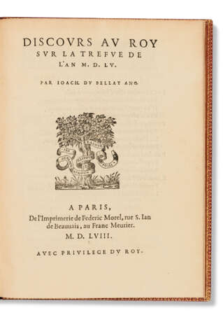 DU BELLAY, Joachim (1522-1560). Discours au Roy sur la Trefve de l’an M.D.L.V. par Ioach. De Bellay ang. Paris : F&#233;d&#233;ric Morel, 1558 [avec] Les regrets et autres oeuvres po&#233;tiques de Ioach. Du Bellay, ang. Paris : Federic Morel, 1559 [avec] - фото 1