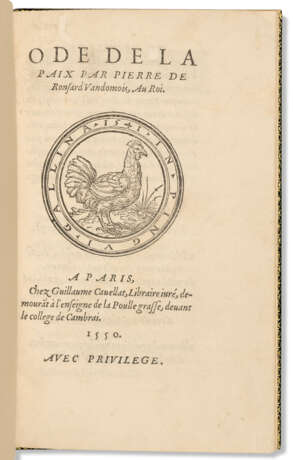 RONSARD, Pierre de (1524-1585). Ode de la Paix par Pierre de Ronsard Vandomois, Au Roi. Paris : Guillaume Cavellat, 1550. - фото 1