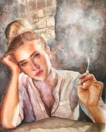 Painting “In the smoke”, Watercolor paper, Watercolor, Realist, Portrait, Russia, 2020 - photo 1