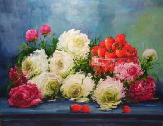 Painting “Peonies with strawberries”, Fiberboard, Oil paint, Contemporary realism, Still life, Russia, 2019 - photo 1