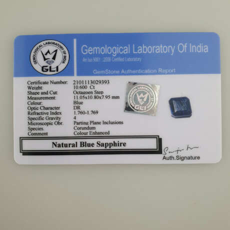 Blauer Saphir- achteckig facettiert, 10,60 ct, lose, mit Zertifikat - Foto 6