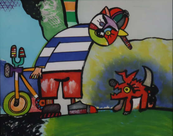 Alt, Otmar (geb.1940 Werningerode) – Katze mit Fahrrad und Hund, Aquatinta in Farben, signiert und nummeriert, Exemplar „128/150“, Sichtmaß ca.51 x 64 cm, im Passepartout unter Glas gerahmt - photo 1