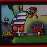 Alt, Otmar (geb.1940 Werningerode) – Katze mit Fahrrad und Hund, Aquatinta in Farben, signiert und nummeriert, Exemplar „128/150“, Sichtmaß ca.51 x 64 cm, im Passepartout unter Glas gerahmt - photo 2