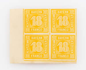 AD Bayern - 1850, Bogenecke 18 Kreuzer gelb, Viererblock,