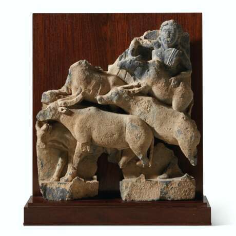 A RARE GRAY SCHIST RELIEF WITH WATER BUFFALO AND A HERDER - фото 1