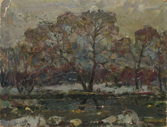 Gemälde „Im Wald auftauen“, Karton, Ölfarbe, Impressionismus, Landschaftsmalerei, Russland, 1983 - Foto 1