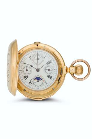 Patek Philippe. SWISS, 18K GOLD, HUNTER CASE MINUTE REPEATING PERPETUAL CALENDAR KEYLESS LEVER CHRONOGRAPH WATCH WITH MOON PHASES AND LUNAR CALENDAR - Foto 1