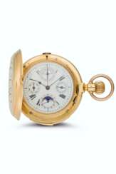 SWISS, 18K GOLD, HUNTER CASE MINUTE REPEATING PERPETUAL CALENDAR KEYLESS LEVER CHRONOGRAPH WATCH WITH MOON PHASES AND LUNAR CALENDAR