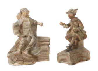 Bildschnitzer des 18./19. Jahrhundert Zwei Figuren: ''Dame auf der Bank sitzend'' und ''Angler''