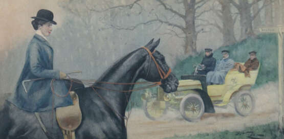 Maler des 19./20. Jahrhundert ''Dame zu Pferd trifft auf Automobil'' - фото 1