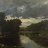 Französischer Maler des 19. Jahrhundert Schule von Barbizon. ''Flusslauf mit Lastkahn'' - Foto 1