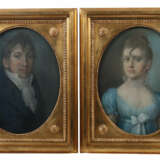 Maler des 19. Jahrhundert Paar Biedermeier-Portrais: 1x ''Bildnis einer jungen Frau'' im blauem Kleid - фото 1